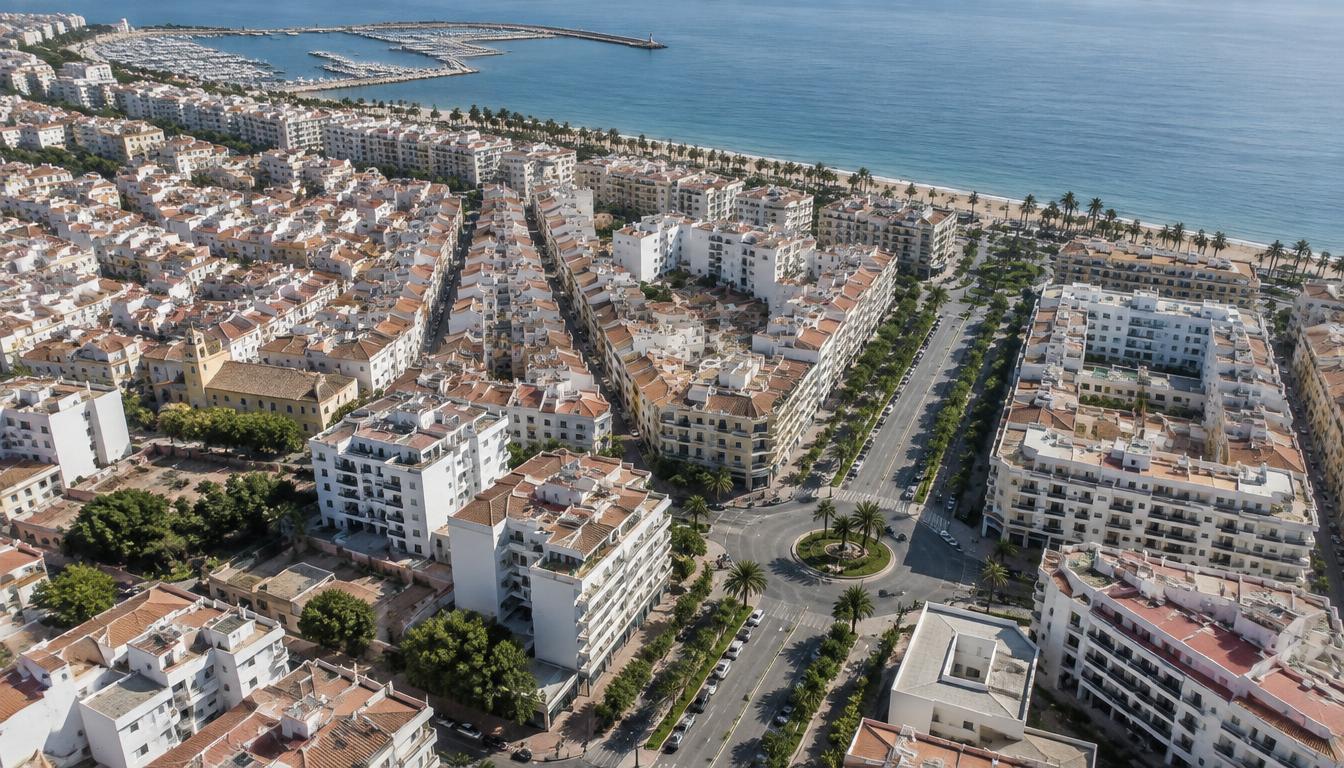 Vista aérea del centro urbano de Estepona alrededor de Calle Torrejón